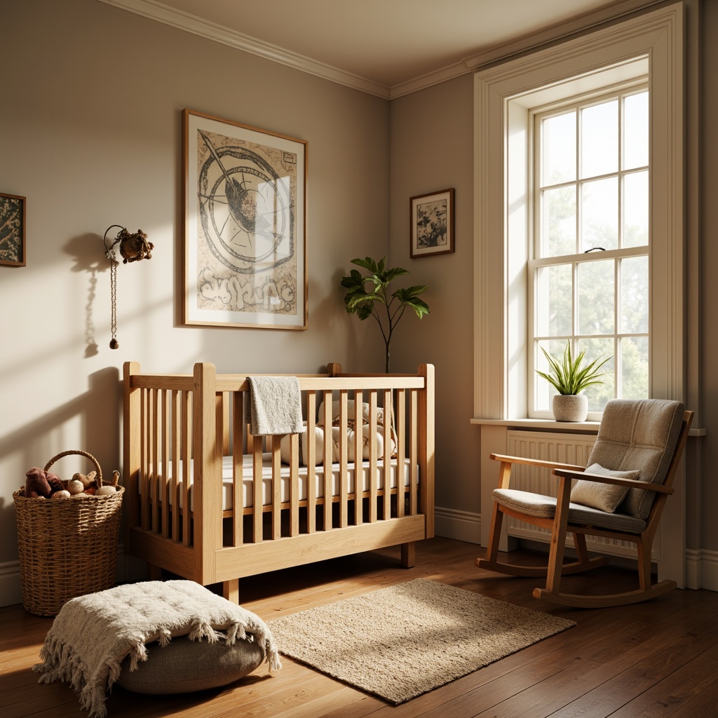 Prompt: Cozy baby room, rustic wooden crib, plush toys, natural oak wood furniture, handmade quilts, vintage-inspired decor, soft warm lighting, earthy color palette, woven baskets, comfortable glider chair, warm beige walls, creamy white trim, elegant crown molding, classic traditional architecture, serene atmosphere, shallow depth of field, 1/1 composition, realistic textures, ambient occlusion.