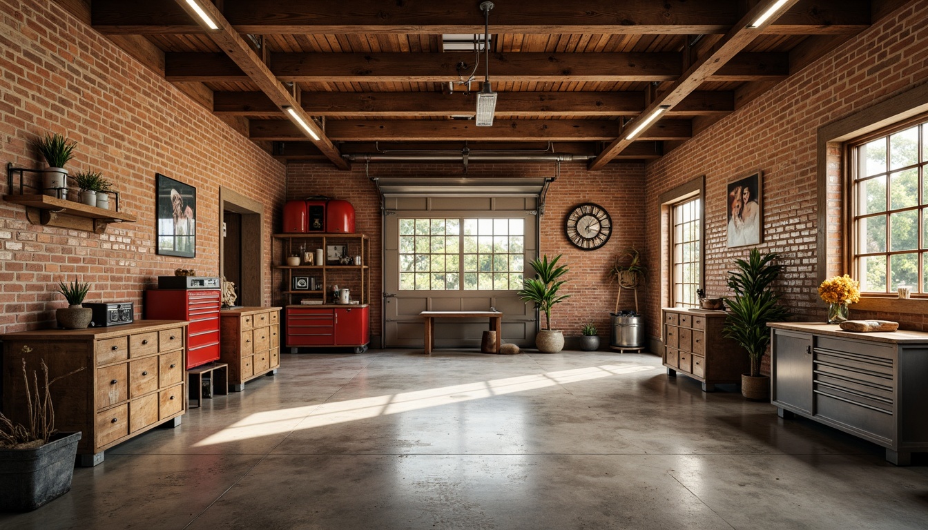 Prompt: Rustic garage interior, warm earthy tones, exposed brick walls, metallic accents, distressed wood textures, vintage car decorations, industrial-style lighting fixtures, concrete floors, neutral beige walls, bold red accents, natural stone workbenches, wooden tool chests, metal shelving units, warm sunny day, soft diffused lighting, shallow depth of field, 1/1 composition, realistic metallic reflections.