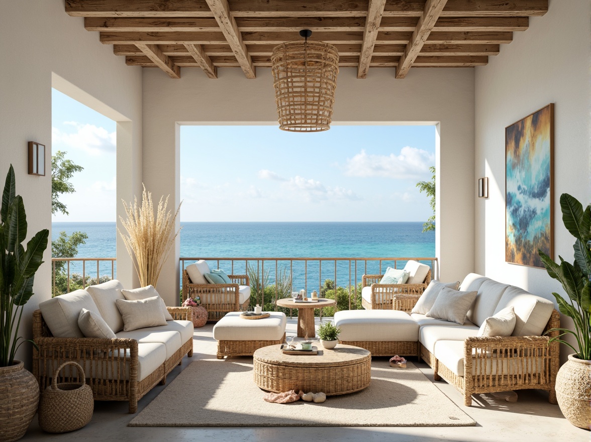 Prompt: \Coastal themed interior, calming ocean hues, soft blues, crisp whites, weathered wood accents, natural textures, seashell motifs, driftwood furniture, linen upholstery, woven baskets, ocean-inspired artwork, sunny day, warm golden lighting, shallow depth of field, 3/4 composition, panoramic view, realistic textures, ambient occlusion.\