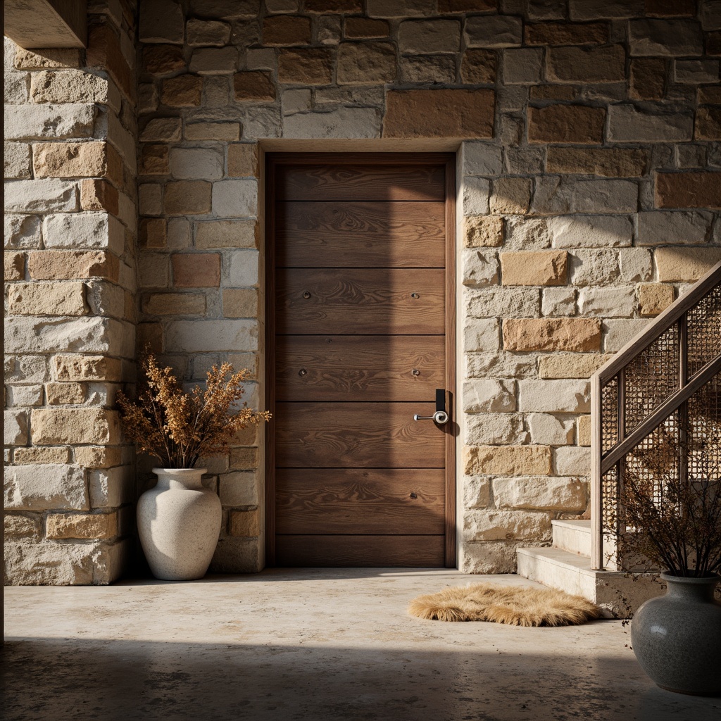 Prompt: Rustic stone walls, rough-hewn wooden planks, distressed concrete finishes, exposed brick surfaces, earthy color palette, natural materials, organic textures, 3D geometric patterns, abstract designs, urban loft atmosphere, industrial chic style, dramatic shadows, warm soft lighting, shallow depth of field, realistic renderings, ambient occlusion.