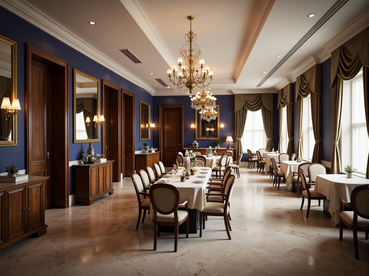 Prompt: \Elegant dining room, blue violet accent walls, rich wood furniture, golden lighting fixtures, soft cream-colored upholstery, ornate mirrors, luxurious velvet drapes, classic crystal chandeliers, refined marble floors, subtle gradient ceiling, warm beige carpeting, inviting atmosphere, shallow depth of field, 1/1 composition, realistic textures, ambient occlusion.\