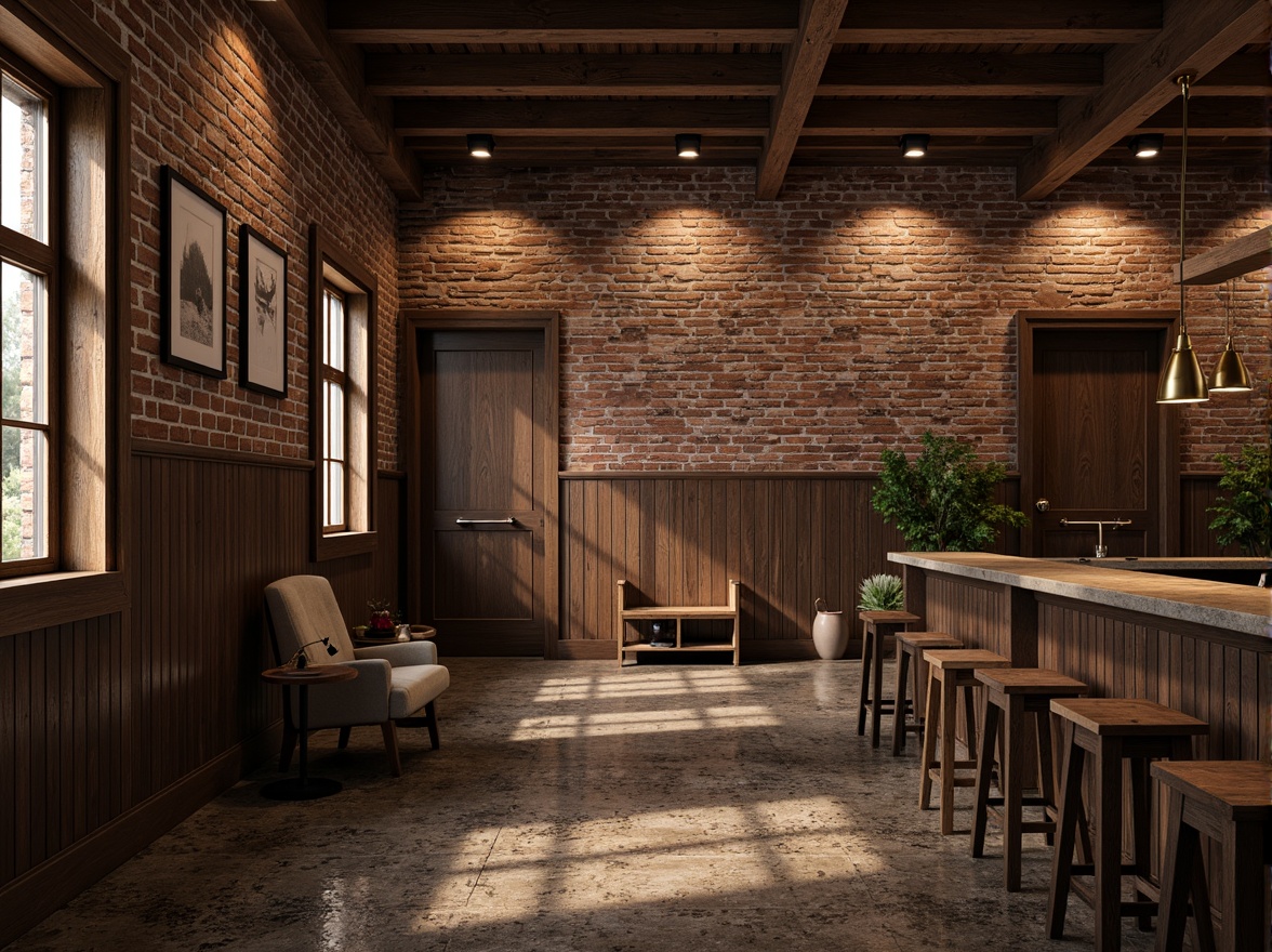 Prompt: Distressed brick walls, rough-hewn stone facades, reclaimed wood accents, industrial metal panels, exposed concrete surfaces, ornate plaster moldings, decorative ceramic tiles, warm earthy tones, richly stained wood trim, subtle shadow play, dramatic lighting effects, 3/4 composition, shallow depth of field, cinematic atmosphere, realistic textures.