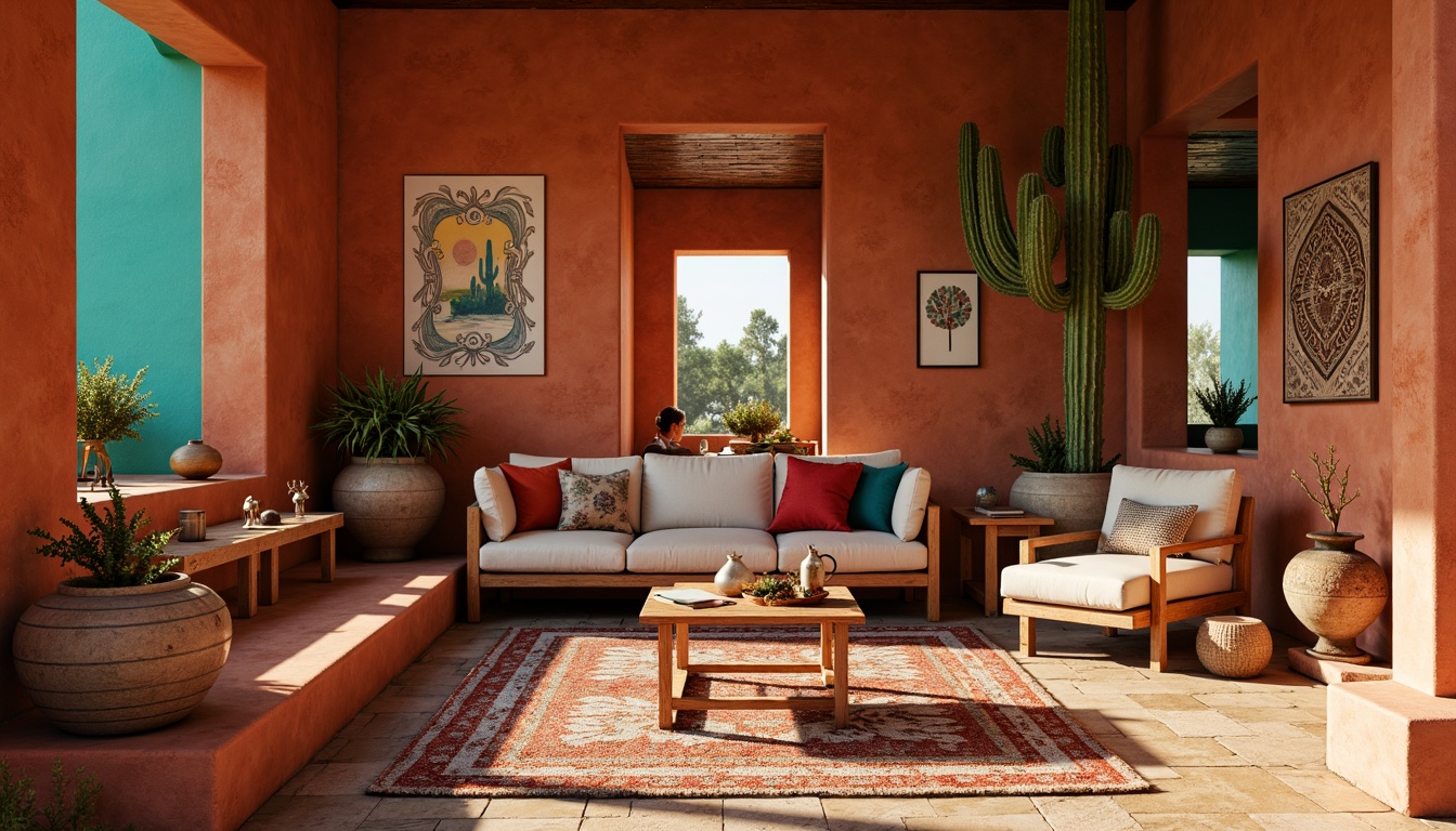 Prompt: Vibrant Southwestern interior, warm terracotta walls, rich turquoise accents, natural sandstone floors, woven wool textiles, patterned Navajo rugs, distressed wood furniture, colorful ceramic vases, desert botanicals, cacti silhouettes, warm golden lighting, soft atmospheric haze, 1/1 composition, intimate close-up shots, realistic texture renderings, subtle ambient occlusion.