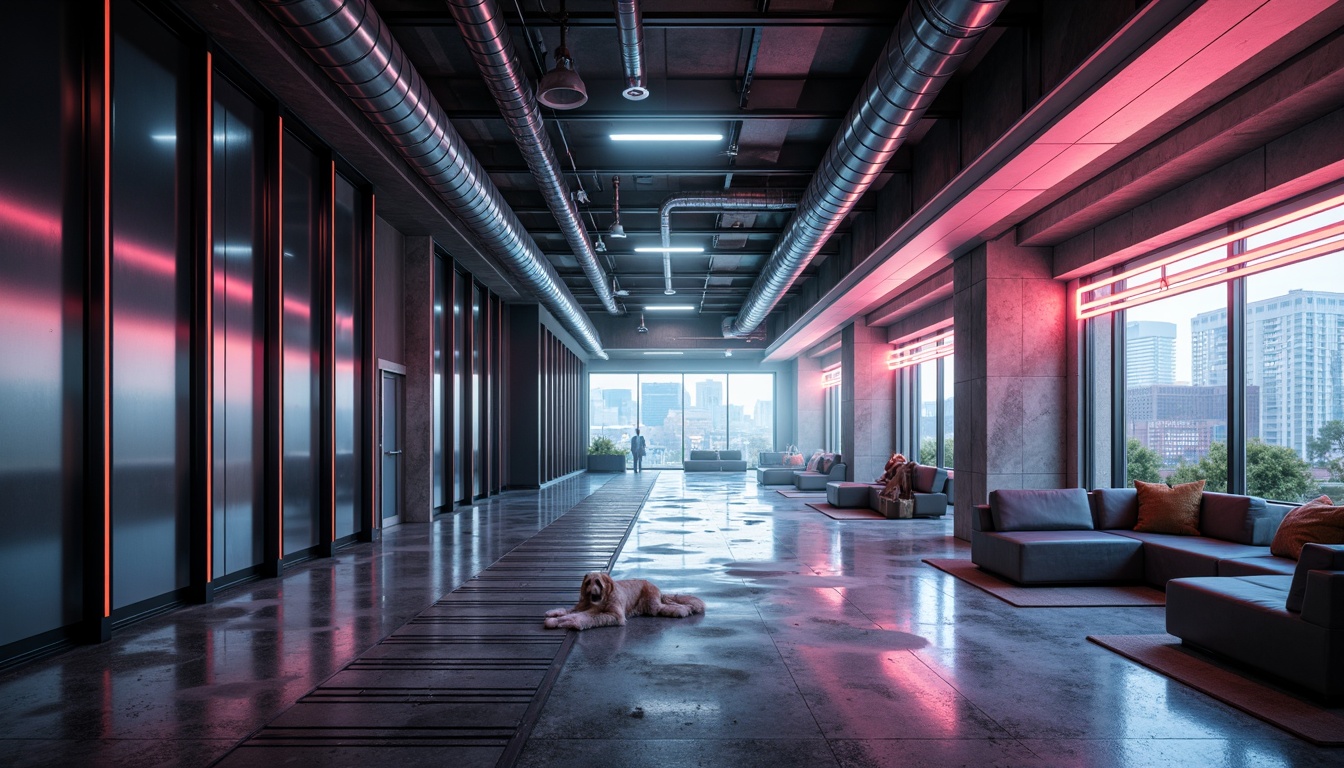 Prompt: Glossy metallic walls, polished chrome accents, sleek glass panels, minimalist concrete finishes, industrial-style exposed ductwork, geometric patterned tiles, high-gloss epoxy floors, futuristic neon lighting, bold color blocking, 3/4 composition, low-angle photography, cinematic depth of field, atmospheric misting, urban cityscape backdrop, avant-garde architectural design.