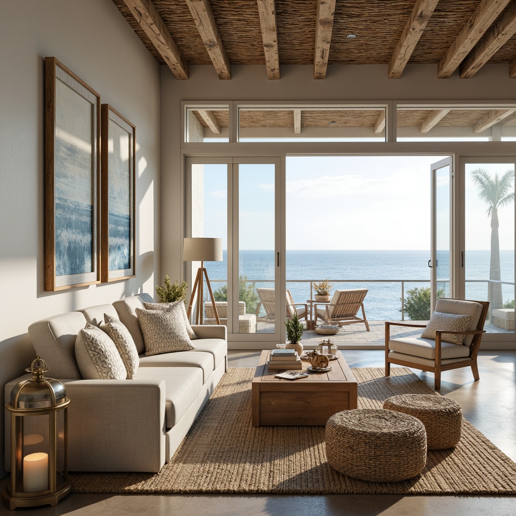 Prompt: Driftwood accents, sea-weathered furniture, ocean-inspired color palette, sandy neutrals, calming blues, crisp whites, natural textiles, woven rattan, jute rugs, shells, starfish, nautical ropes, lantern lighting, warm golden tones, cozy throw blankets, beachy scents, airy open spaces, floor-to-ceiling windows, sliding glass doors, ocean views, soft focus, shallow depth of field, 1/2 composition, serene atmosphere, realistic textures, ambient occlusion.