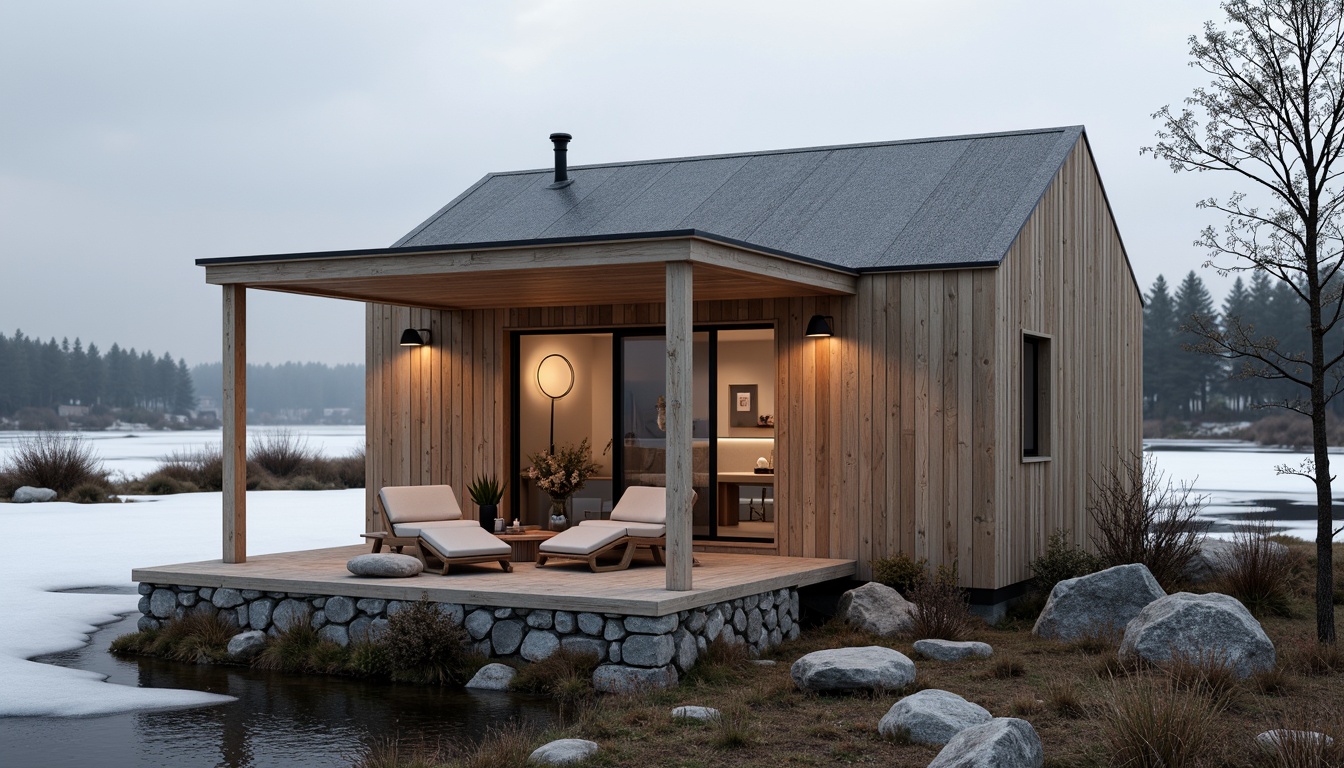 Prompt: Simple Nordic cabin, rustic wooden exterior, natural stone foundation, sparse greenery, frozen lake background, overcast sky, warm soft lighting, shallow depth of field, 1/1 composition, monochromatic color palette, clean lines, minimal ornamentation, functionality-driven design, sustainable materials, eco-friendly textiles, cozy interior ambiance, warm candlelight, comfortable furnishings, natural wood accents, subtle geometric patterns.