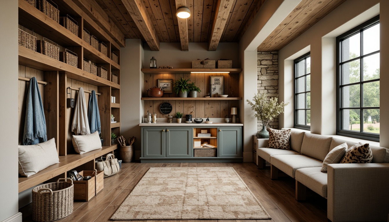 Prompt: Rustic mudroom, earthy tones, warm beige walls, natural wood accents, rich brown floors, soft gray countertops, calming blue-green hues, industrial metal shelves, woven baskets, vintage outdoor gear, distressed leather benches, natural fiber rugs, warm task lighting, cozy reading nooks, functional storage units, rustic wooden crates, weathered stone walls, organic textures, shallow depth of field, 3/4 composition, realistic materials, ambient occlusion.