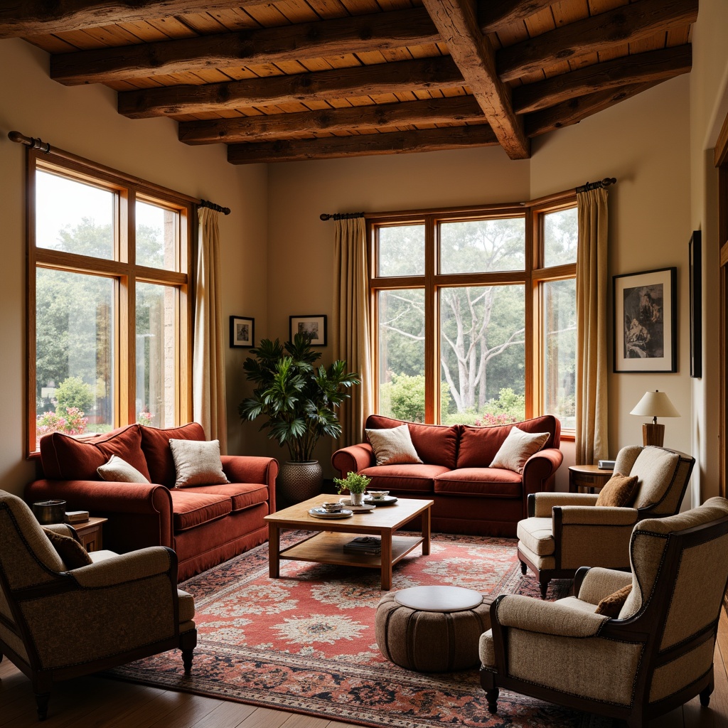 Prompt: Cozy traditional living room, plush velvet sofas, rich wooden furniture, warm beige walls, soft golden lighting, luxurious wool rugs, intricate floral patterns, vintage armchairs, comfortable ottomans, warm earthy tones, rustic wooden accents, natural fiber textiles, cable knit throw blankets, oversized pillows, inviting window seats, tranquil atmosphere, shallow depth of field, 1/1 composition, realistic textures.