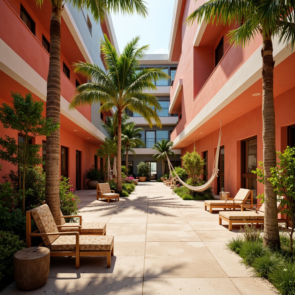 Prompt: Vibrant student hall, tropical color palette, bright coral walls, warm beige floors, lush greenery, exotic palm trees, colorful floral patterns, natural wood accents, woven rattan furniture, cozy hammocks, soft ambient lighting, refreshing misting system, ocean-inspired blues, sunny yellow hues, lively orange tones, creamy whites, rustic wooden textures, relaxed atmosphere, 1/2 composition, warm shallow depth of field.