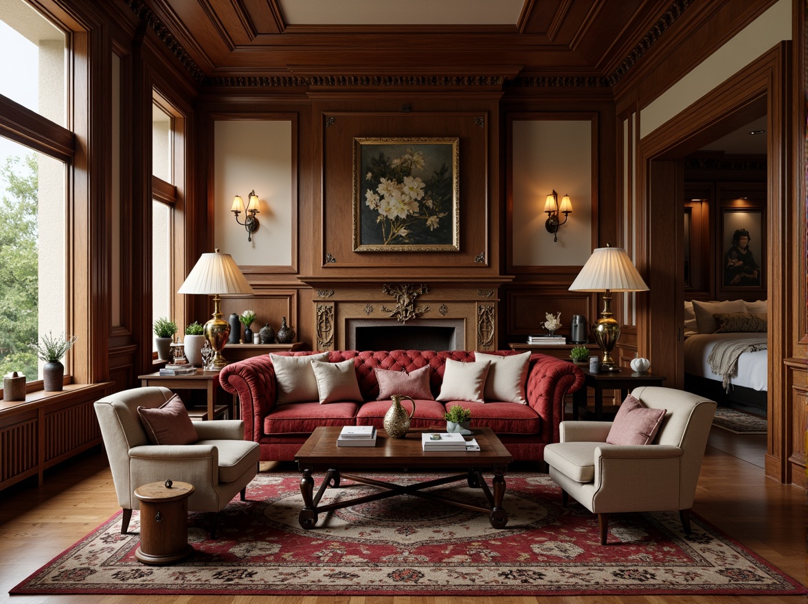 Prompt: Rich velvet upholstery, antique wooden frames, ornate carvings, elegant curves, refined proportions, luxurious fabrics, subtle patterns, neutral color palette, soft warm lighting, classic rolled arms, tufted buttons, distressed leather accents, polished bronze hardware, intricate inlays, sophisticated silhouettes, vintage inspirations, timeless elegance, opulent textures, inviting comfort.