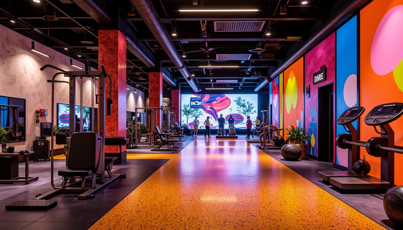 Prompt: Vibrant expressionist fitness club, Terrazzo flooring with bold patterns, bright colorful hues, dynamic geometric shapes, abstract art installations, modern gym equipment, sleek metal frames, neon lighting accents, futuristic architectural details, high-contrast textures, dramatic shadows, 1/1 composition, low-angle shot, intense warm lighting, shallow depth of field.