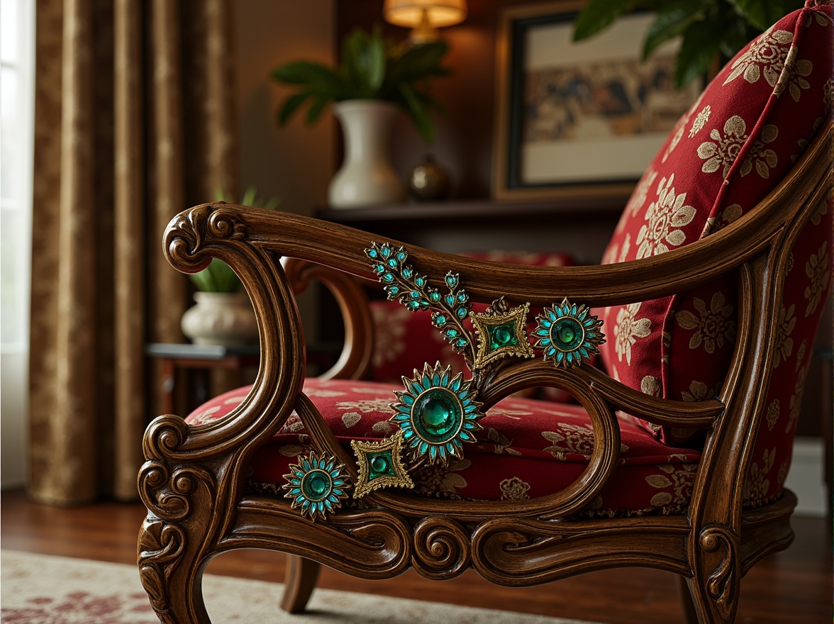 Prompt: Intricate wooden carvings, flowing organic shapes, sinuous lines, ornate metalwork, curved legs, velvet upholstery, rich jewel tones, stained glass inlays, botanical motifs, peacock-inspired patterns, luxurious fabrics, polished brass accents, subtle gradient effects, warm golden lighting, shallow depth of field, 2/3 composition, soft focus background, realistic textures, ambient occlusion.