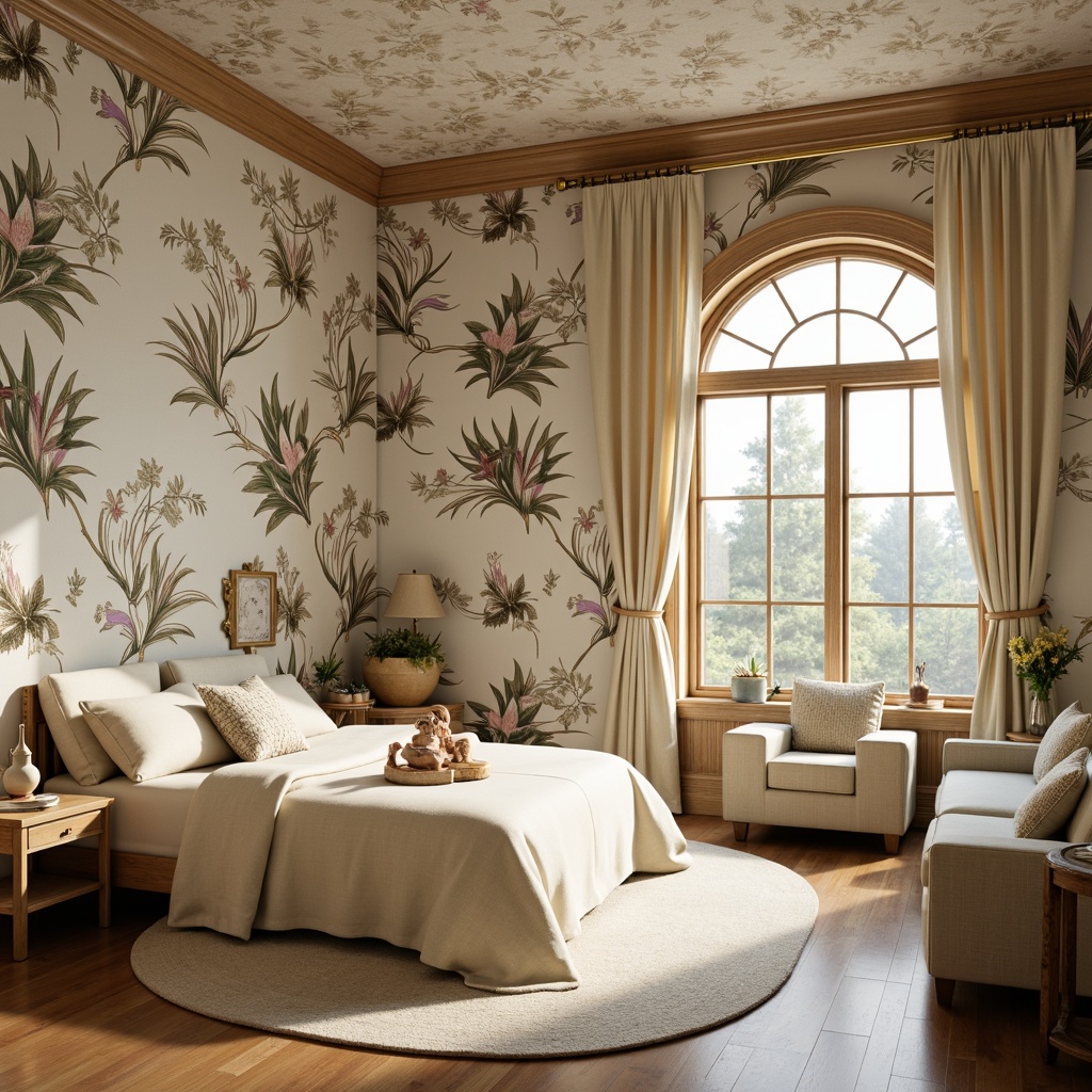 Prompt: Whimsical children's bedroom, ornate wall treatments, flowing organic lines, sinuous curves, botanical motifs, delicate florals, soft pastel colors, creamy whites, warm beige tones, textured wallpaper, embossed patterns, gilded accents, ornamental plasterwork, natural wood trim, stained glass windows, fantastical creatures, dreamy landscapes, mystical forests, moonlit nights, warm golden lighting, shallow depth of field, 1/2 composition, realistic textures, ambient occlusion.