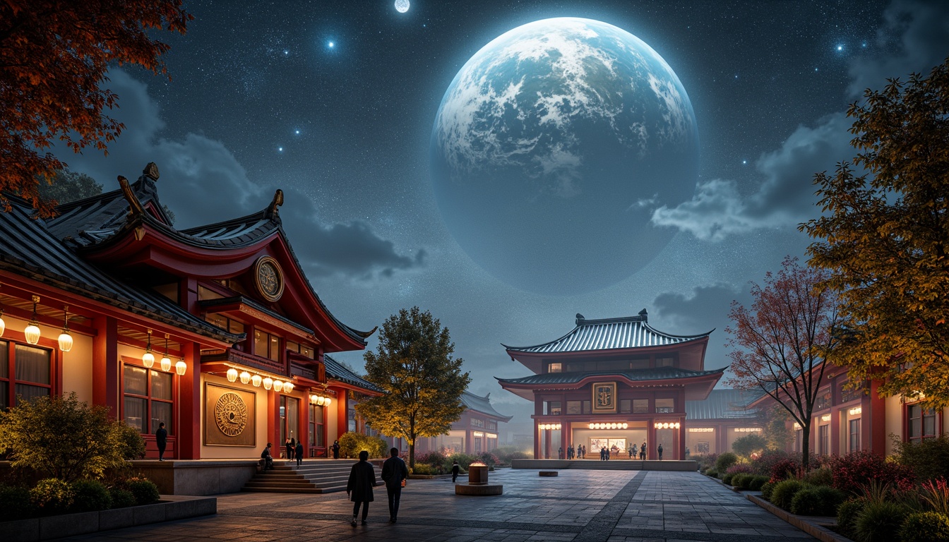 Prompt: Vibrant planetarium, celestial bodies, stardust, mystical aura, traditional Asian architecture, curved eaves, pagoda-inspired design, intricate carvings, lantern-style lighting, vermilion red accents, golden hues, jade greenery, misty atmosphere, soft warm glow, subtle gradient effects, 3D nebulae, cosmic clouds, shimmering stars, crescent moon, ancient astrological symbols, cherry blossom patterns, gentle watercolor textures, mystical fog, dreamy ambient lighting, 1/2 composition.