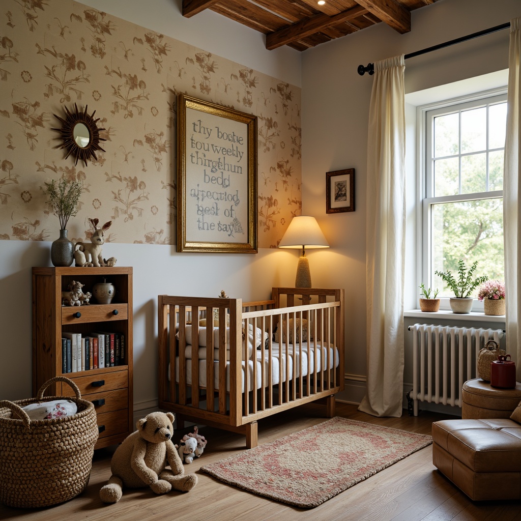 Prompt: Cozy baby nursery, rustic wooden crib, plush toys, vintage-inspired wallpaper, earthy color palette, natural textiles, woven baskets, handmade quilts, distressed wood furniture, leather-bound books, warm lamp lighting, soft carpet flooring, traditional craftsmanship, ornate metal fixtures, creamy white walls, elegant crown molding, serene atmosphere, 1/1 composition, intimate focus, warm golden lighting.