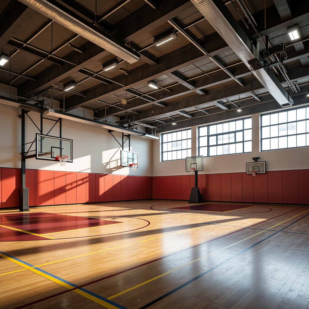 Prompt: Vibrant gymnasium interior, modern sports equipment, basketball hoops, athletic tracks, polished wooden floors, high ceilings, natural daylight, suspended LED lights, sleek metal fixtures, industrial-style lamps, dramatic shadows, warm ambient lighting, dynamic color temperatures, 1/2 composition, soft focus, realistic reflections.