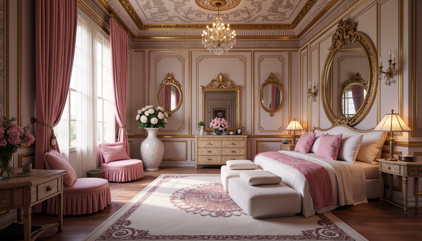 Prompt: Opulent boudoir, lavish velvet drapes, rich gold accents, ornate mirrors, crystal chandeliers, soft pastel hues, delicate florals, intricate carvings, luxurious fabrics, plush furnishings, elegant curves, whimsical patterns, creamy whites, pale pinks, majestic purples, warm candlelight, shallow depth of field, 1/1 composition, romantic atmosphere, realistic textures.