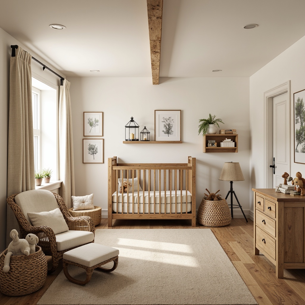 Prompt: Whimsical baby room, farmhouse style, rustic wooden crib, vintage metal lanterns, soft warm lighting, creamy white walls, distressed wood furniture, woven wicker baskets, plush toys, natural fabrics, earthy color palette, cozy reading nook, comfortable glider, linen curtains, sheer drapes, warm beige carpet, subtle texture, shallow depth of field, 1/1 composition, soft focus, gentle shadows.