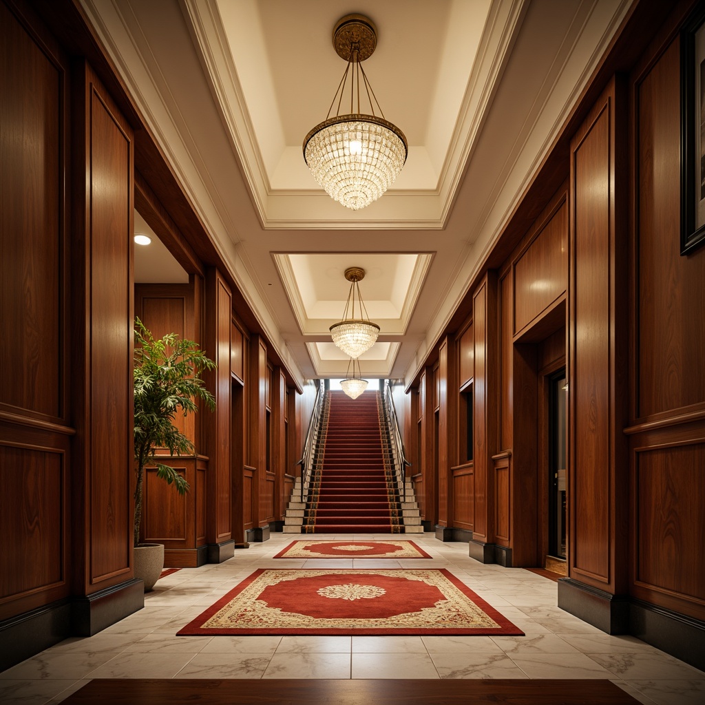 Prompt: Elegant hallway, grand entrance, high ceilings, marble flooring, luxurious carpets, hardwood floors, wooden panels, ornate staircases, crystal chandeliers, ambient warm lighting, shallow depth of field, 1/2 composition, realistic textures, soft focus effect.