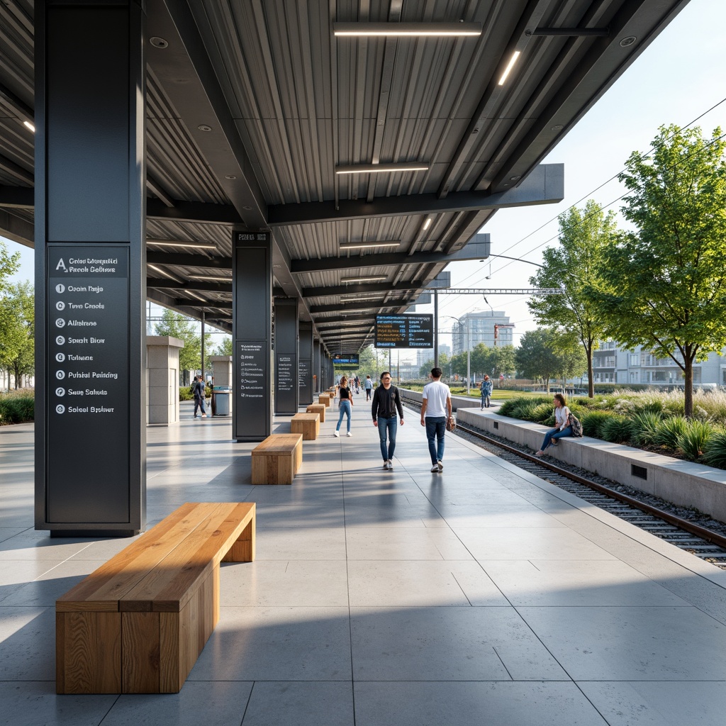 Prompt: Clean train station, minimalistic design, simple wayfinding signs, clear directions, intuitive navigation, modern typography, sleek metal frames, subtle LED lighting, calm atmosphere, natural stone flooring, wooden benches, sparse greenery, airy open spaces, high ceilings, abundant natural light, shallow depth of field, 1/1 composition, panoramic view, realistic textures, ambient occlusion.