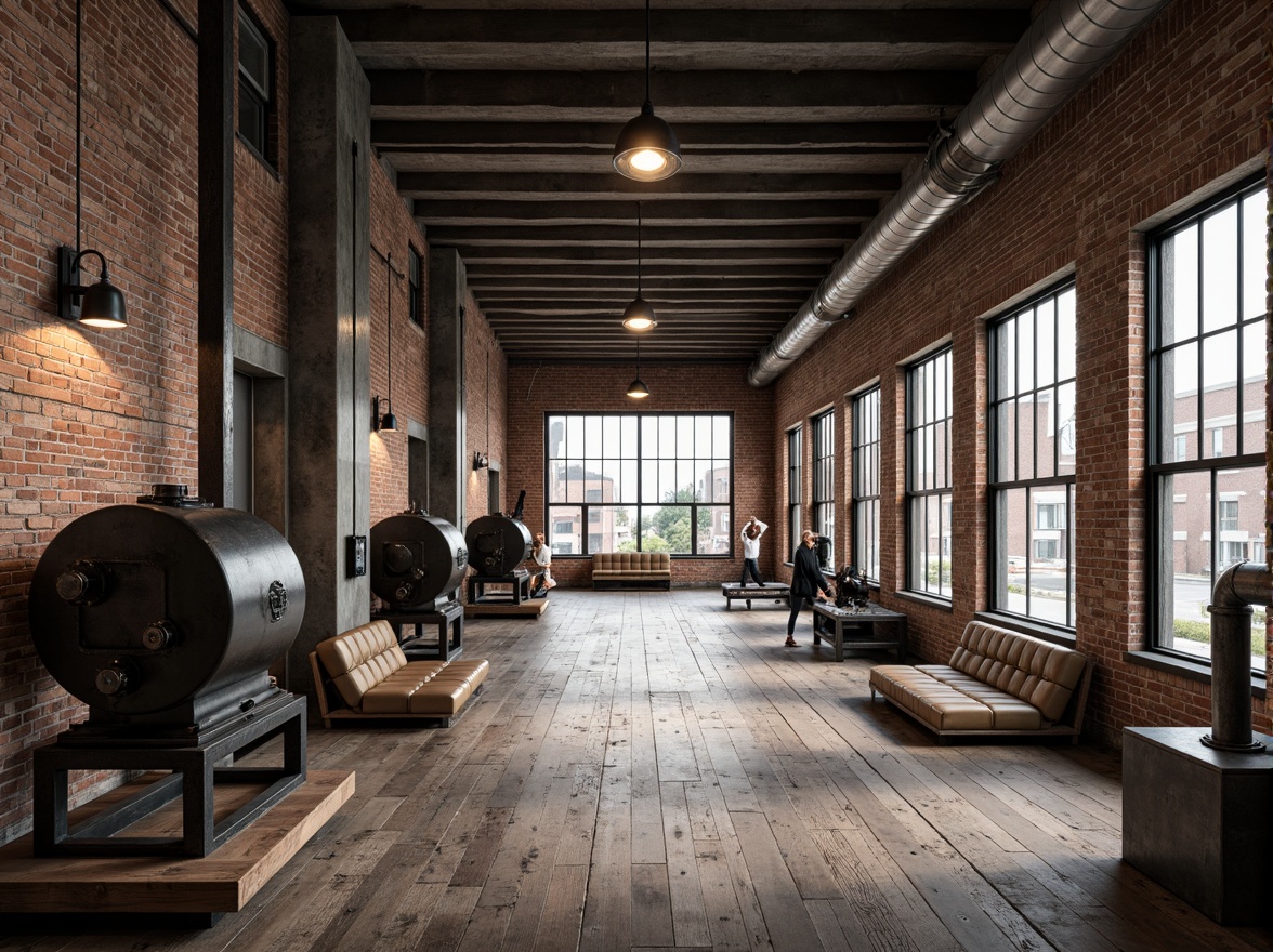 Prompt: Exposed brick walls, metal beams, reclaimed wood floors, industrial-style lighting fixtures, vintage machinery parts, distressed textures, urban loft atmosphere, converted warehouse space, high ceilings, large windows, natural light, neutral color palette, modern minimalist decor, functional simplicity, raw concrete accents, mechanical details, metallic sheen, bold architectural lines, dramatic shadows, low-key ambient lighting, cinematic composition.