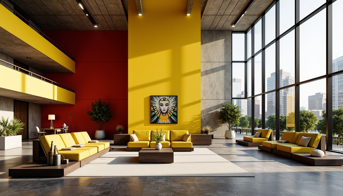 Prompt: Vibrant yellow accents, bold black lines, primary red hues, geometric shapes, industrial metal textures, functional minimalist furniture, urban cityscape, modernist architecture, rectangular forms, clean lines, monochromatic color scheme, brutalist concrete structures, abstract artwork, avant-garde decor, 1/1 composition, high contrast lighting, dramatic shadows, realistic materials, ambient occlusion.