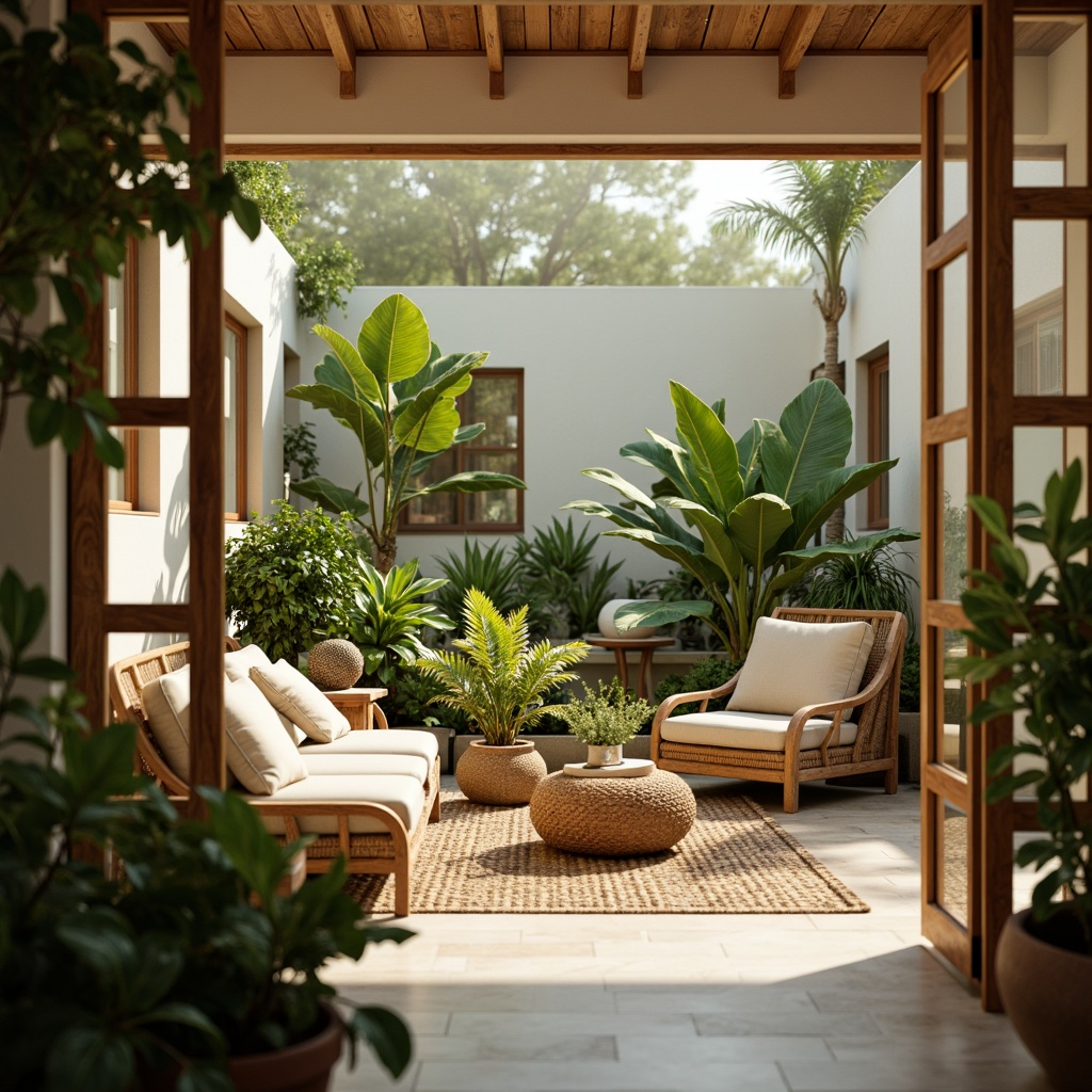 Prompt: Cozy sunroom, warm natural light, lush greenery, rattan furniture, plush cushions, natural wood accents, comfortable seating, tropical plants, sliding glass doors, bright white walls, soft beige floors, ambient warmth, inviting atmosphere, relaxing ambiance, calming colors, serene surroundings, 3/4 composition, shallow depth of field, realistic textures.