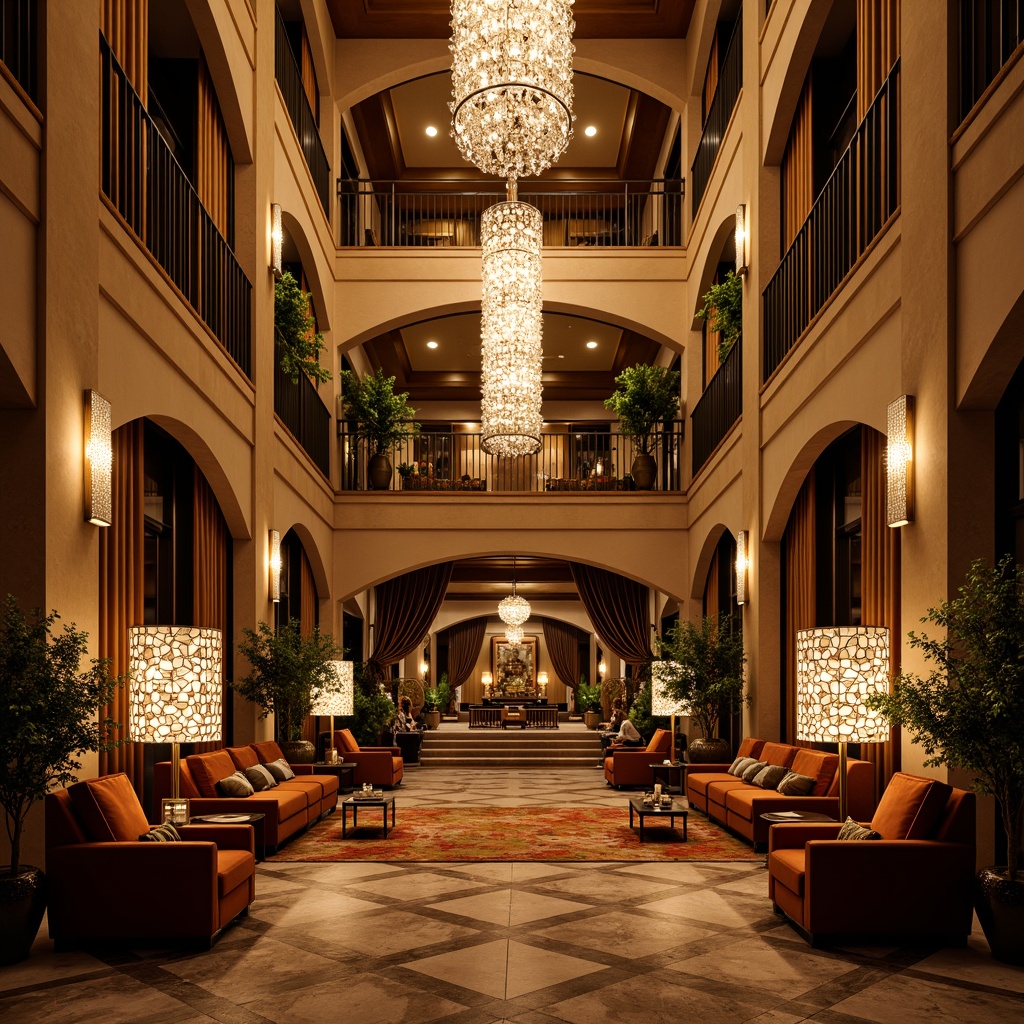 Prompt: Luxurious hotel lobby, ornate chandeliers, crystal pendant lights, metallic sconces, geometric patterned floor lamps, warm golden lighting, soft diffused glow, grand staircases, opulent furnishings, rich wood accents, velvet drapes, lavish decor, 1920s-inspired fixtures, elegant archways, grandiose ceilings, dramatic vertical lines, symmetrical compositions, high-contrast ratios, cinematic lighting effects.