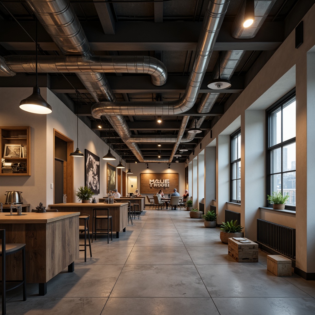 Prompt: Exposed ductwork, industrial pipes, metal beams, concrete floors, urban loft atmosphere, reclaimed wood accents, functional lighting fixtures, metallic shades, Edison bulbs, pendant lamps, track lighting, LED strips, minimalist aesthetics, modern urban feel, neutral color palette, soft ambient glow, low-key shadows, 1/2 composition, shallow depth of field, realistic textures, subtle grain.