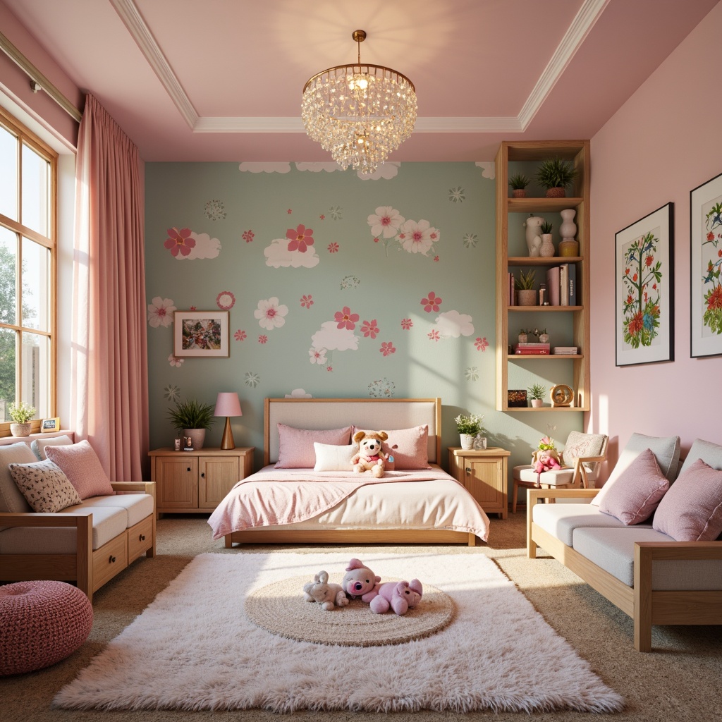 Prompt: Whimsical kid's bedroom, pastel color palette, fluffy carpets, stuffed animals, wooden furniture, soft cushions, colorful bedding, playful wallpaper, fairy lights, flower-shaped decorations, sparkly chandeliers, framed childhood artwork, built-in bookshelves, cozy reading nooks, natural wood accents, gentle warm lighting, shallow depth of field, 1/1 composition, vibrant textures, ambient occlusion.