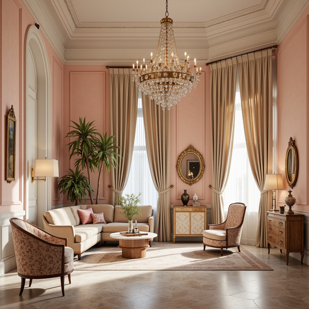 Prompt: Soft peach walls, creamy white trim, delicate rose accents, warm beige furniture, subtle gold leafing, ornate mirrors, luxurious velvet fabrics, intricate floral patterns, elegant chandeliers, refined bronze fixtures, sophisticated marble floors, serene natural light, shallow depth of field, 1/2 composition, intimate warm atmosphere, realistic textures, ambient occlusion.