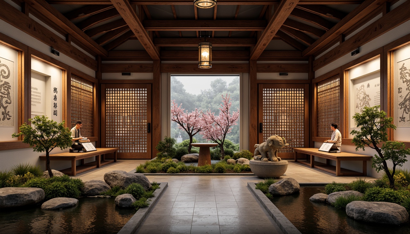 Prompt: Traditional Asian-style museum, intricately carved wooden doors, ornate metal lanterns, richly patterned silk fabrics, hand-painted ceramics, natural stone walls, tranquil water features, serene gardens, bonsai trees, delicate cherry blossoms, soft warm lighting, shallow depth of field, 3/4 composition, panoramic view, realistic textures, ambient occlusion, subtle color palette, elegant calligraphy, cultural artifact displays, interactive exhibits, educational signage.