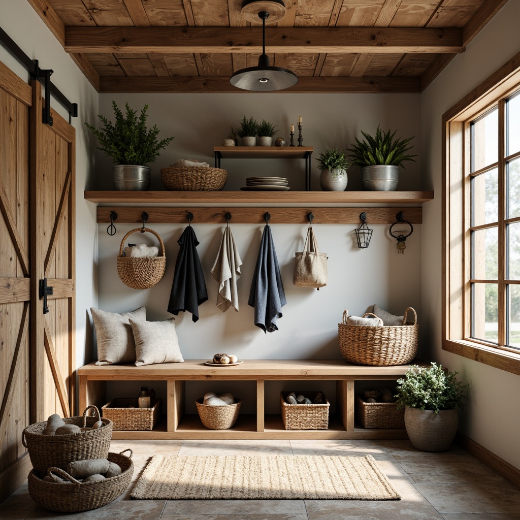 Prompt: Rustic farmhouse mudroom, reclaimed wood accents, galvanized metal storage bins, woven wicker baskets, vintage-inspired decorative hooks, natural stone flooring, earthy color palette, warm soft lighting, shallow depth of field, 1/1 composition, realistic textures, ambient occlusion, wooden bench with storage, industrial-style metal shelves, distressed wood crates, functional storage nooks, built-in cabinetry, sliding barn doors, rustic metal hardware, cozy throw blankets, natural fiber rugs.