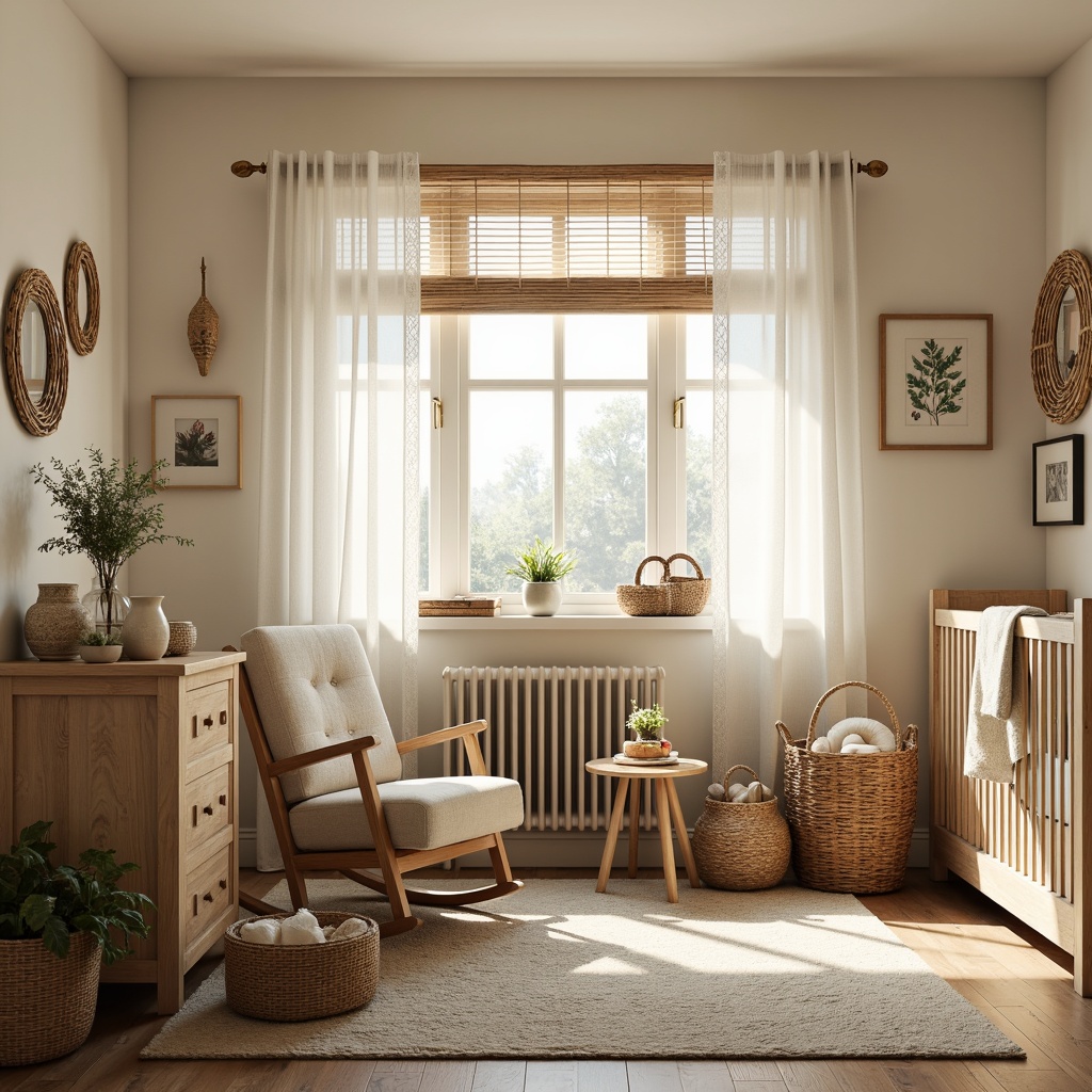 Prompt: Cozy nursery, natural wood accents, soft warm lighting, creamy white walls, earthy tones, plush area rug, comfortable glider rocker, vintage-inspired furniture, botanical prints, woven baskets, gentle drapery, flowing curtains, subtle patterns, warm beige shades, rustic wooden blinds, natural linen fabrics, delicate lace trim, sweet pastel hues, calming atmosphere, soft morning light, 1/1 composition, intimate space, realistic textures.