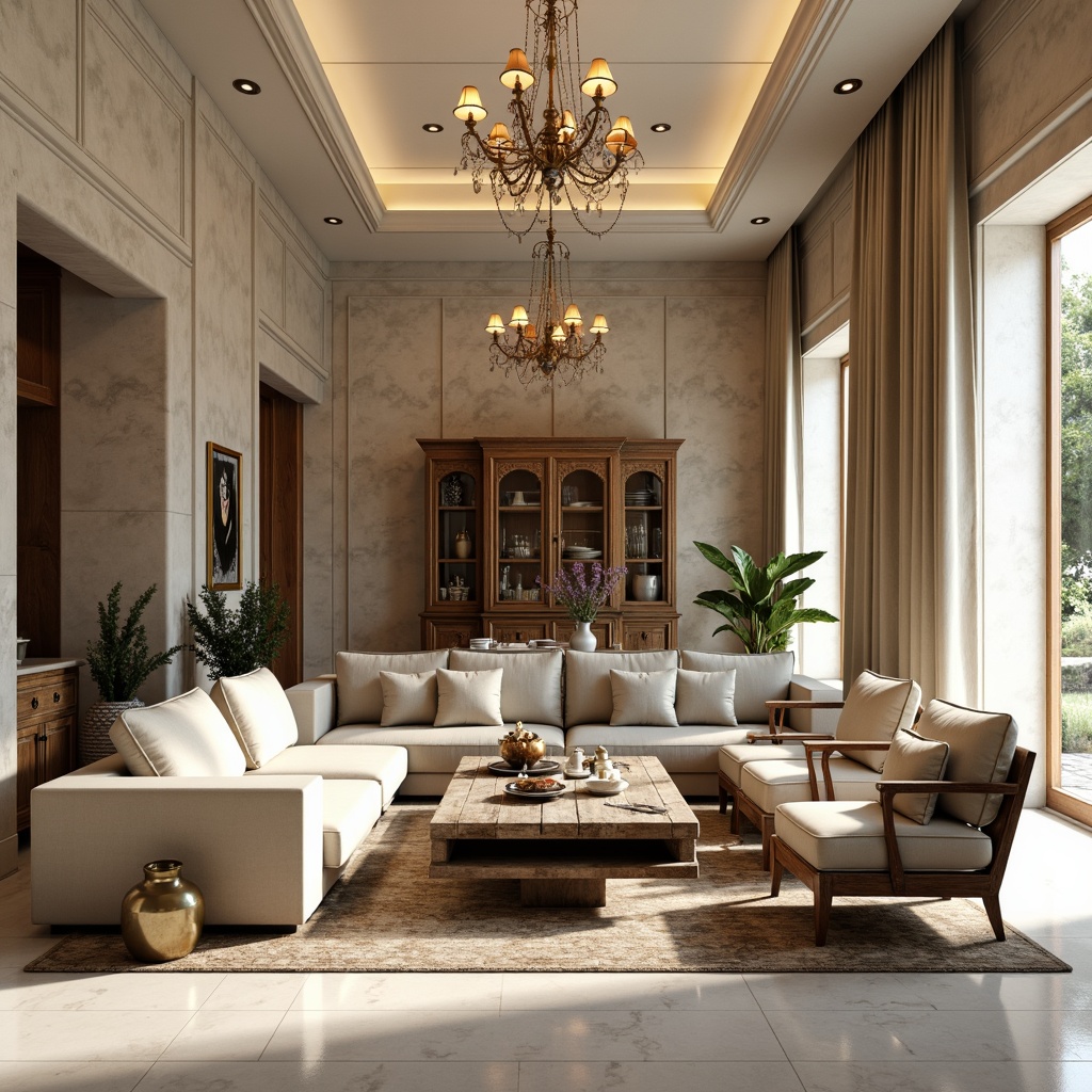 Prompt: Elegant limestone walls, cream-colored marble floors, ornate chandeliers, plush velvet sofas, rustic wooden coffee tables, refined minimalist armchairs, luxurious silk drapes, intricate carved wooden cabinets, metallic gold accents, soft warm lighting, shallow depth of field, 3/4 composition, realistic textures, ambient occlusion.