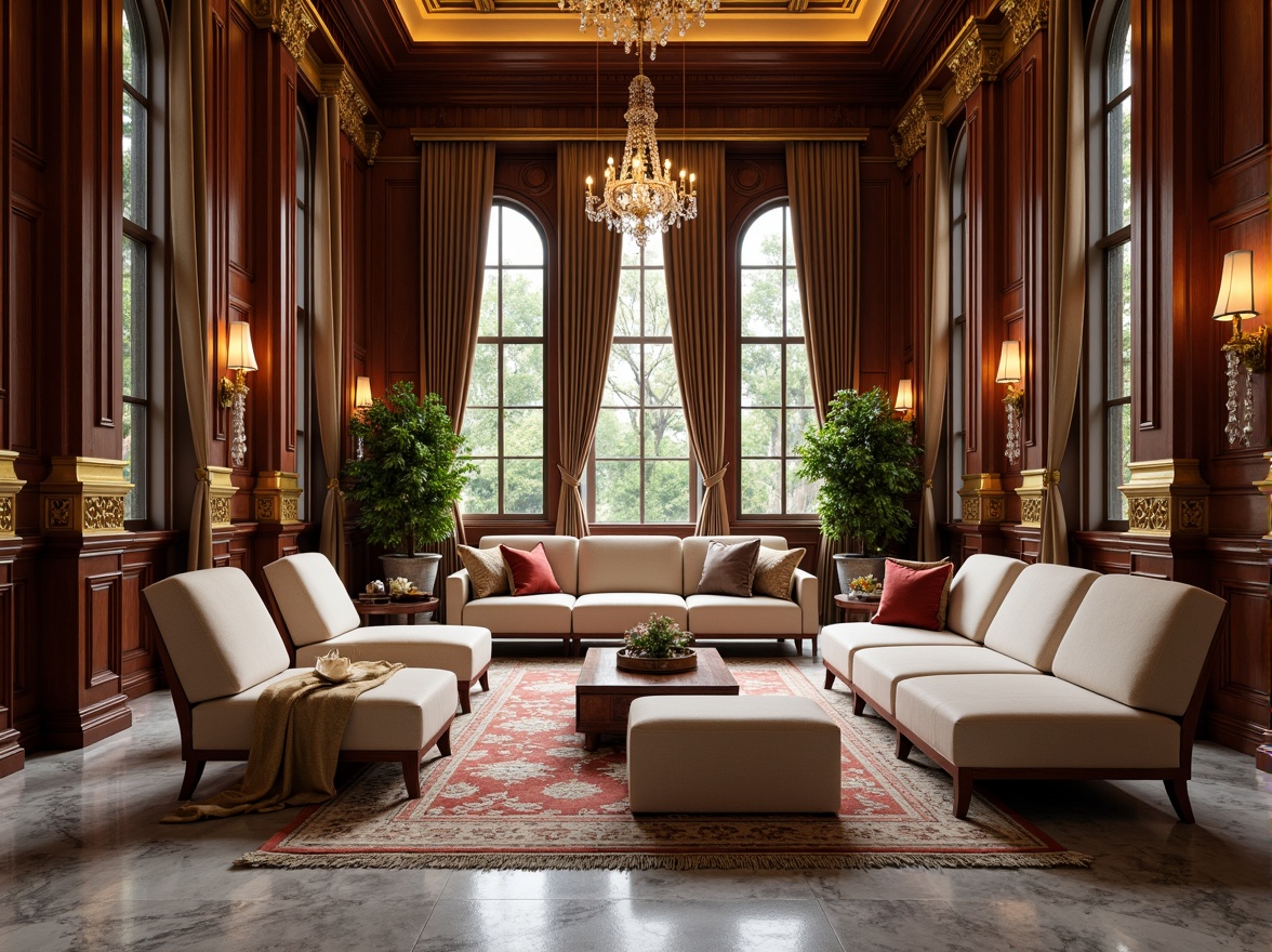 Prompt: Luxurious velvet drapes, ornate golden frames, rich mahogany wood accents, plush cream-colored sofas, intricately patterned rugs, crystal chandeliers, elegant marble flooring, tall windows with subtle arches, soft warm lighting, subtle depth of field, 1/2 composition, intimate atmosphere, realistic textures, ambient occlusion.