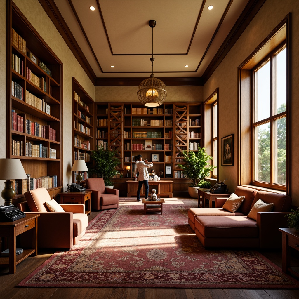 Prompt: Warm inviting library atmosphere, comfortable seating areas, rich wood accents, plush carpets, floor lamps, table lamps, warm soft lighting, cozy reading nooks, tall bookshelves, wooden ladders, classic literary works, vintage typewriters, warm beige walls, soft cream-colored ceilings, large windows, natural daylight, diffused indirect lighting, layered lighting effects, intimate ambient atmosphere, 1/2 composition, shallow depth of field, realistic textures.