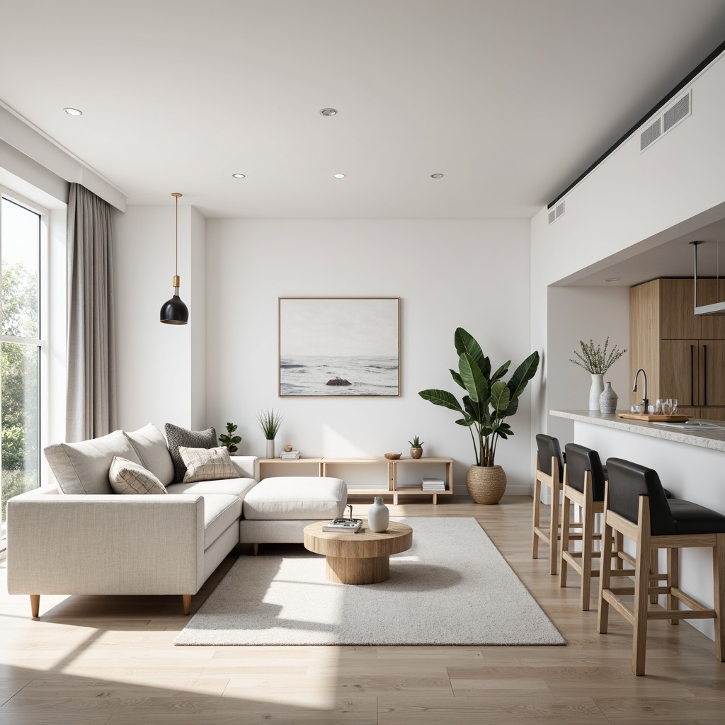 Prompt: Minimalist interior, monochromatic color scheme, sleek furniture, low-profile storage, hidden appliances, clutter-free countertops, natural light, airy atmosphere, Scandinavian design influence, wooden accents, matte finishes, subtle textures, calm ambiance, shallow depth of field, 1/1 composition, softbox lighting.