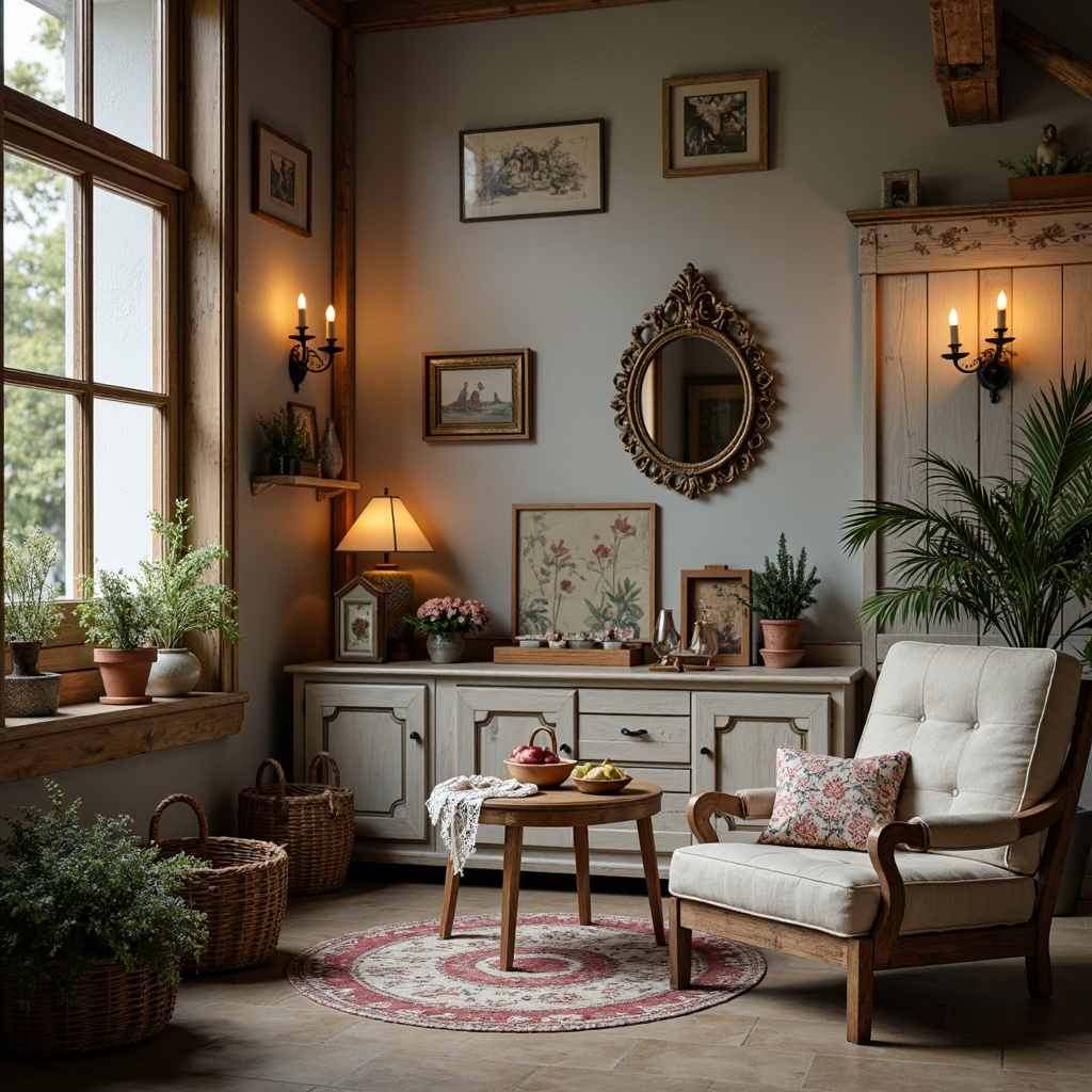 Prompt: Distressed wooden furniture, vintage decorative items, soft pastel hues, lace trimmings, floral patterns, rustic metal accents, worn leather upholstery, distressed finishes, ornate mirrors, antique lighting fixtures, natural fabrics, woven baskets, potted plants, warm candlelight, shallow depth of field, 1/2 composition, soft focus, romantic ambiance.