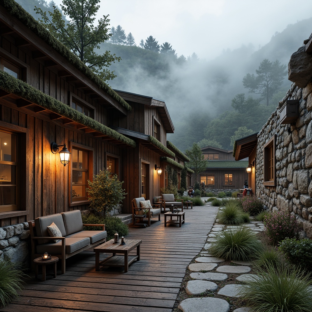 Prompt: Rustic mountain lodge, earthy color palette, weathered wooden planks, stone walls, natural rock formations, moss-covered roofs, distressed metal accents, vintage outdoor furniture, lantern lighting, misty morning atmosphere, soft warm glow, shallow depth of field, 2/3 composition, realistic textures, ambient occlusion.