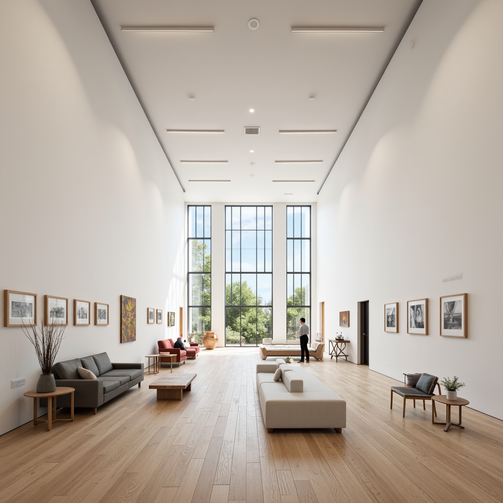 Prompt: Simple cultural center, minimalist architecture, clean lines, minimal ornamentation, open spaces, natural light, wooden floors, white walls, modern art exhibitions, interactive installations, comfortable seating areas, subtle lighting, 1/1 composition, soft focus, shallow depth of field, realistic textures, ambient occlusion.