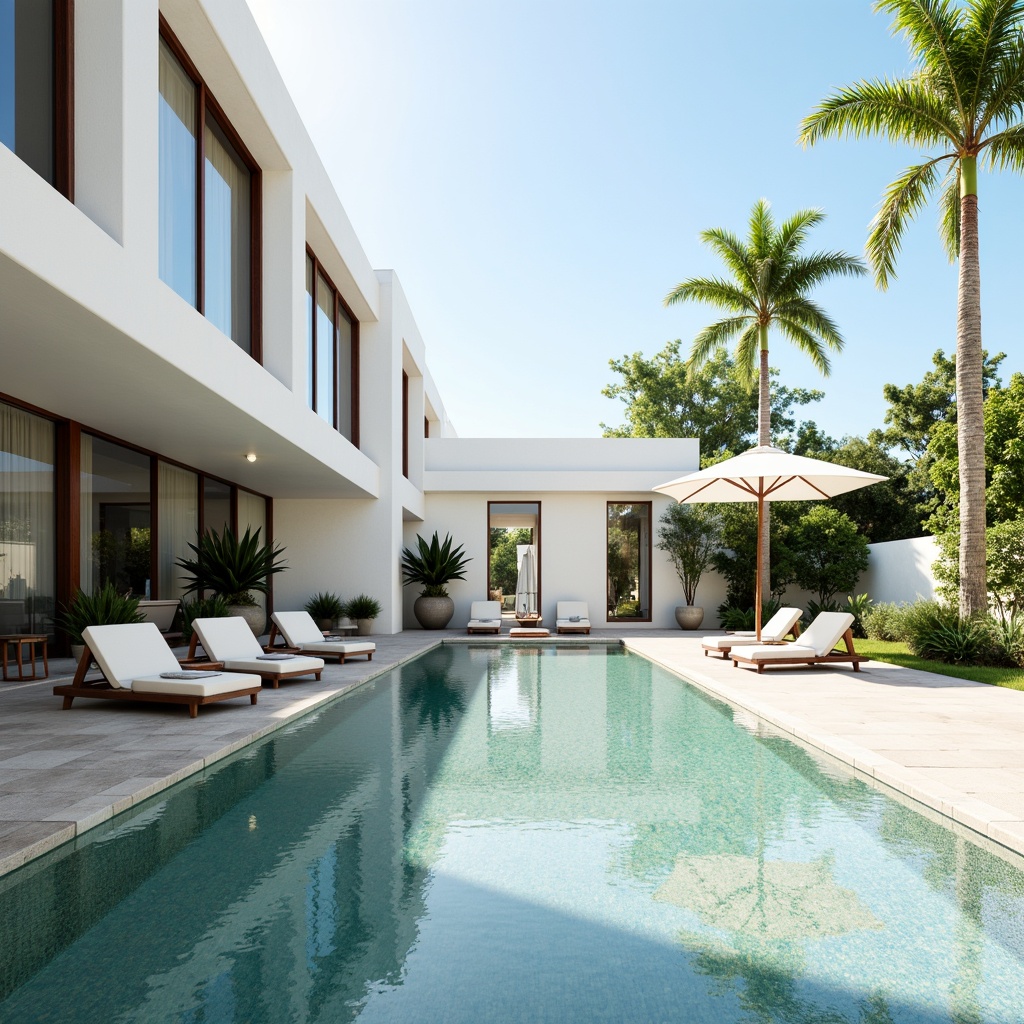 Prompt: Calming open space, rectangular swimming pool, sleek minimalist architecture, clean lines, pure white walls, floor-to-ceiling glass windows, sliding glass doors, natural stone flooring, modern lounge chairs, umbrellas, sun loungers, tropical plants, palm trees, warm sunny day, soft diffused lighting, shallow depth of field, 1/1 composition, panoramic view, realistic water textures, ambient occlusion.