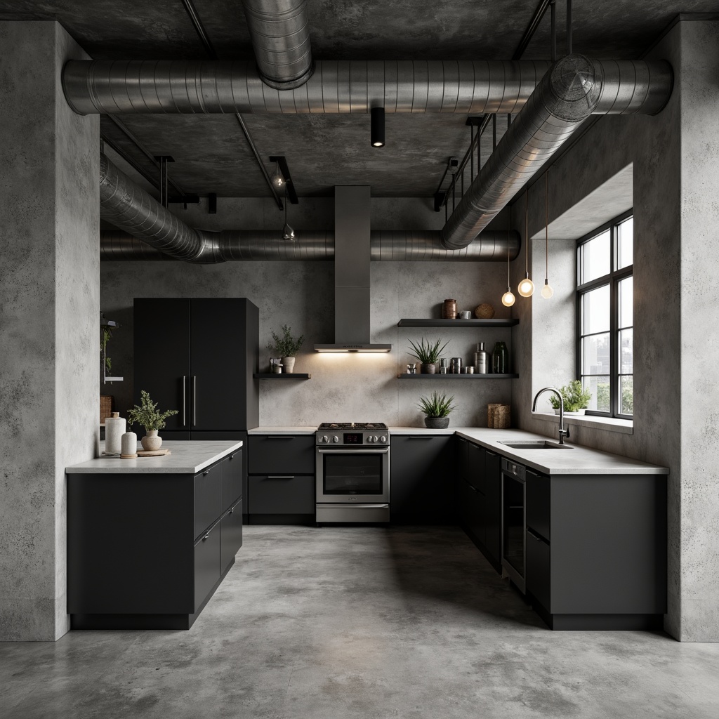 Prompt: Monochromatic kitchen space, raw concrete walls, exposed ductwork, industrial metal beams, brutalist architecture, minimalist decor, clean lines, neutral color palette, matte finishes, sleek cabinetry, handle-free doors, stainless steel appliances, poured concrete countertops, industrial-style lighting fixtures, Edison bulbs, urban loft ambiance, dramatic shadows, high-contrast photography, 1/2 composition, low-key lighting, realistic textures, ambient occlusion.