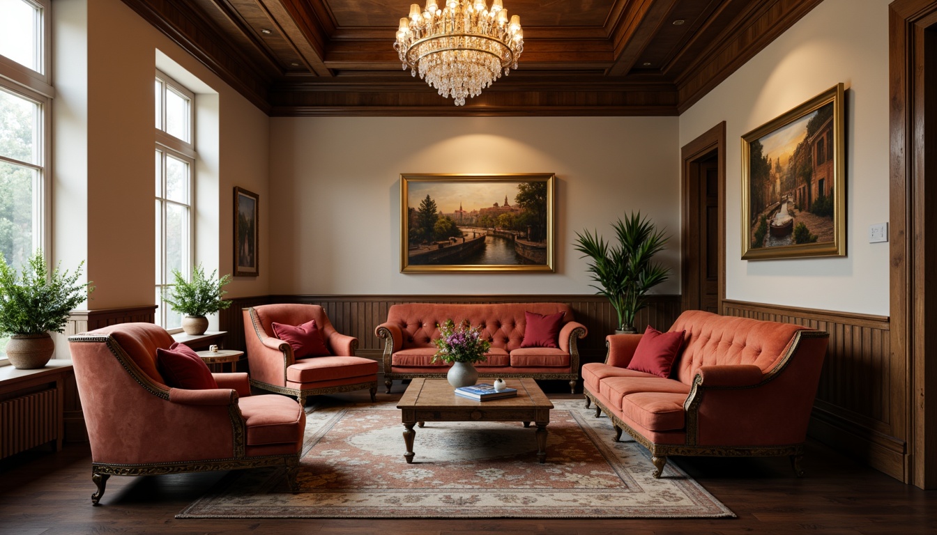 Prompt: Elegant lounge chairs, rich velvet upholstery, ornate wooden frames, carved mahogany legs, luxurious sofas, rolled arms, tufted cushions, antique bronze hardware, distressed leather armchairs, refined coffee tables, ornamental metalwork, lavish chandeliers, crystal droplets, neutral beige walls, dark hardwood floors, subtle patterned rugs, classic oil paintings, vintage vases, soft warm lighting, shallow depth of field, 1/2 composition, realistic textures, ambient occlusion.