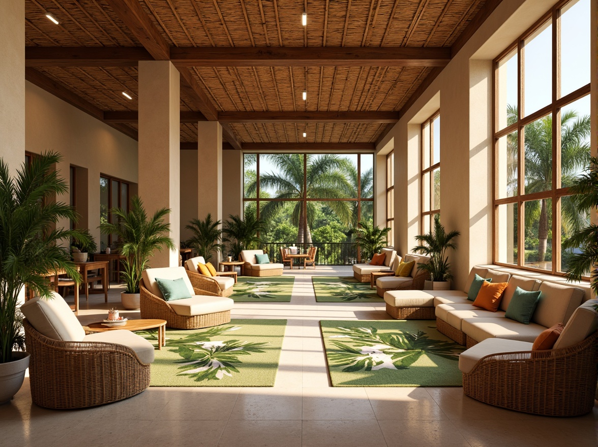 Prompt: Vibrant tropical student hall, rattan furniture, wicker chairs, plush cushions, colorful throw pillows, wooden desks, natural fiber rugs, palm tree-inspired decor, exotic leaf patterns, bamboo accents, warm beige walls, large windows, sliding glass doors, lush greenery views, sunny day, soft warm lighting, shallow depth of field, 3/4 composition, panoramic view, realistic textures, ambient occlusion.