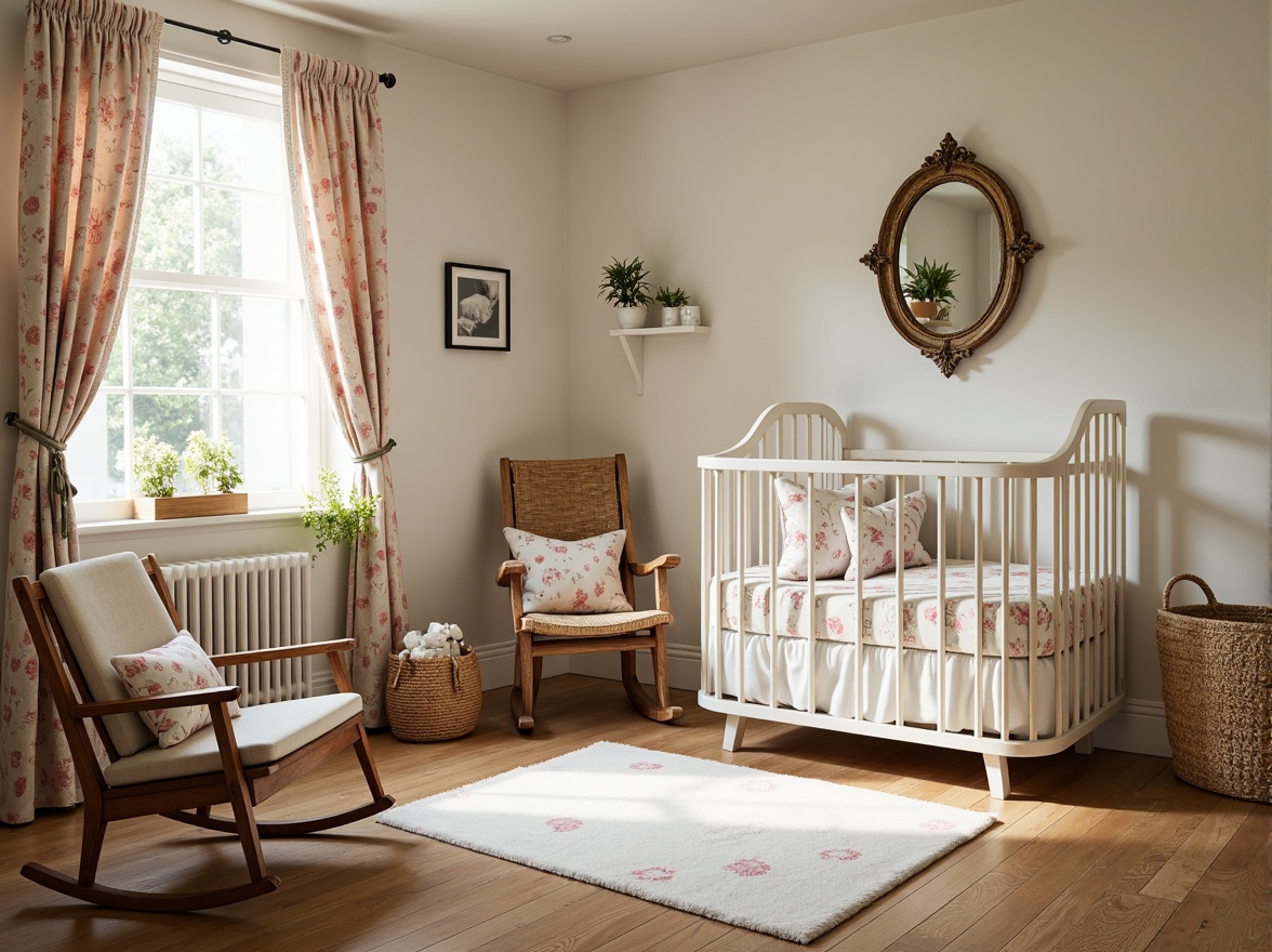 Prompt: Whimsical baby nursery, farmhouse decor, soft pastel colors, distressed wood furniture, vintage metal cribs, plush toys, floral patterns, ruffled curtains, natural fabrics, cotton lace trim, woven baskets, antique rocking chairs, cozy area rugs, warm sunny lighting, shallow depth of field, 1/1 composition, rustic textures, ambient occlusion.