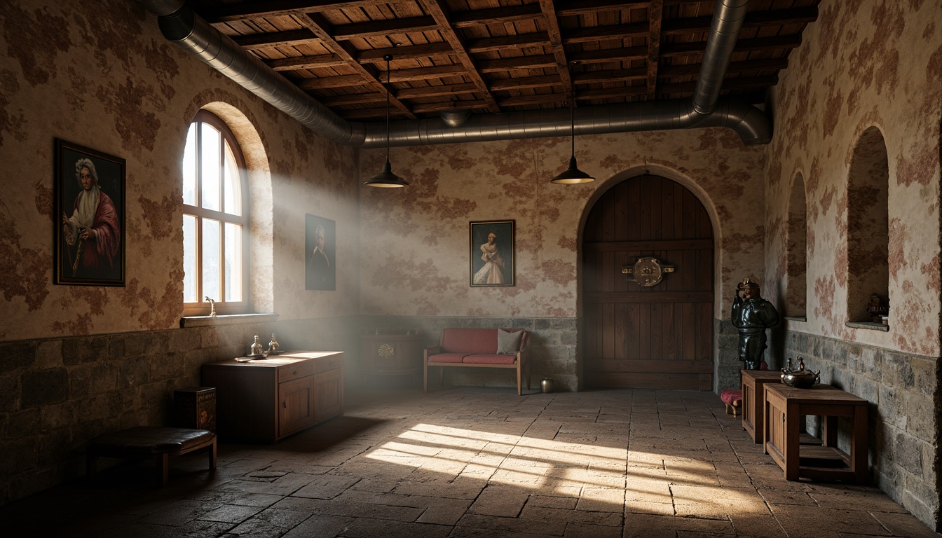 Prompt: Rustic monastery walls, distressed stonework, worn wooden beams, exposed brick ceilings, industrial metal pipes, reclaimed wood accents, vintage machinery parts, earthy color palette, dim warm lighting, atmospheric fog, shallow depth of field, 1/2 composition, gritty realistic textures, ambient occlusion.