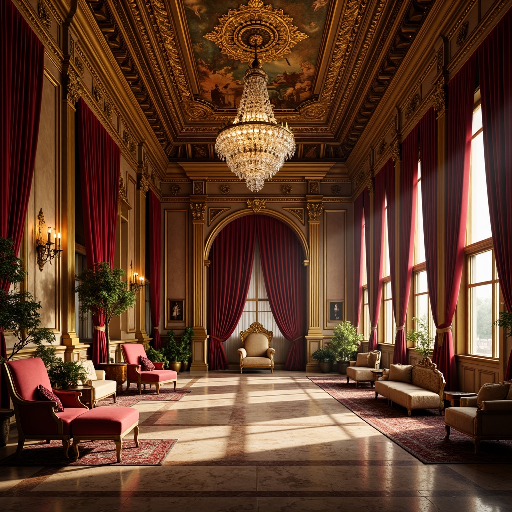 Prompt: Luxurious velvet drapes, ornate gold leaf accents, intricate carvings, grand chandeliers, marble flooring, richly patterned rugs, opulent furniture upholstery, majestic ceiling frescoes, lavish moldings, sweeping archways, dramatic lighting effects, warm golden tones, soft focus blur, shallow depth of field, 2/3 composition, symmetrical arrangement, ornate mirror frames, crystal chandelier drops, regal throne-like seating, stately columns, grandiose scale, exquisite craftsmanship.