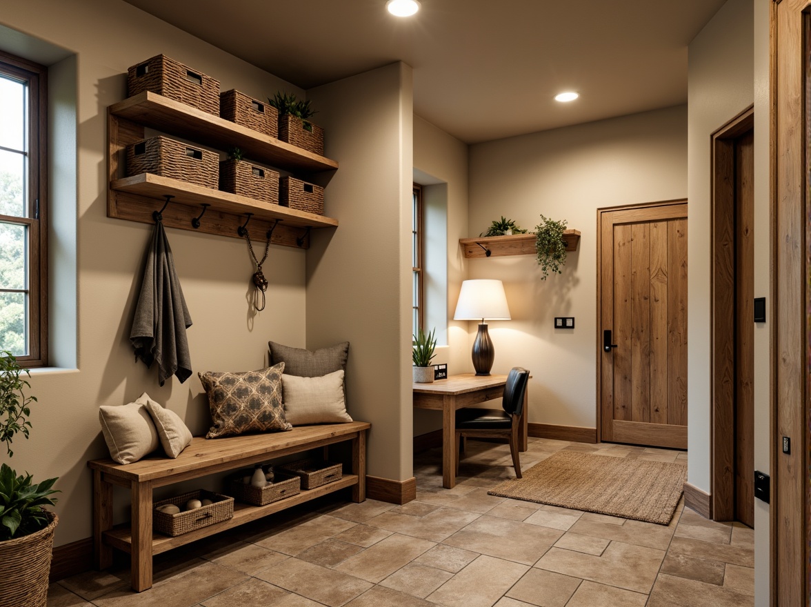 Prompt: Cozy mudroom, rustic wooden bench, woven baskets, warm beige tones, natural stone flooring, earthy accents, industrial metal hooks, functional shelving, soft warm lighting, overhead pendant lights, table lamps, floor lamps, warm white LED bulbs, dimmable switches, layered lighting effects, 1/1 composition, shallow depth of field, realistic textures.