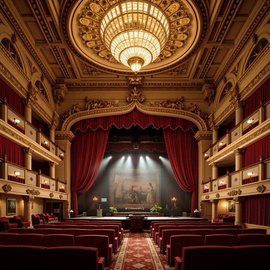 Prompt: Opulent auditorium, grand chandelier, ornate plaster ceiling, gilded moldings, intricate carvings, sweeping arches, velvet drapes, rich upholstery, lavish furnishings, Baroque-inspired patterns, golden accents, soft warm lighting, dramatic spotlighting, 1/1 composition, shallow depth of field, realistic textures, ambient occlusion.